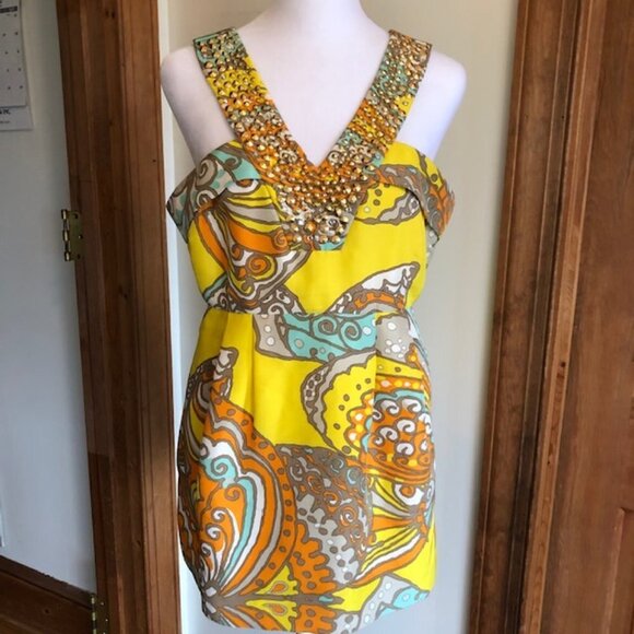 KATE SPADE Jana Silk Yellow Halter Rhinestone Metal Accent Top 8 - Picture 1 of 17